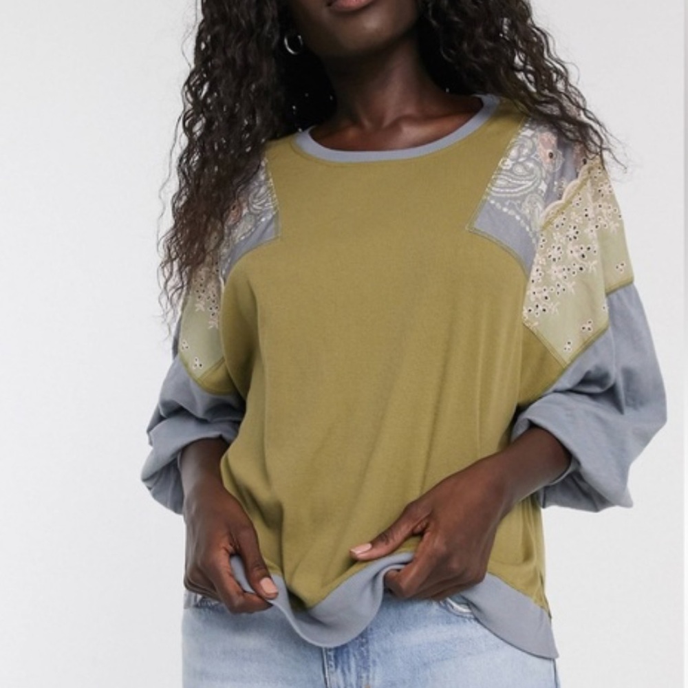 We The Free Feelin’ It Patchwork Top - Boho Studded Long Sleeve L